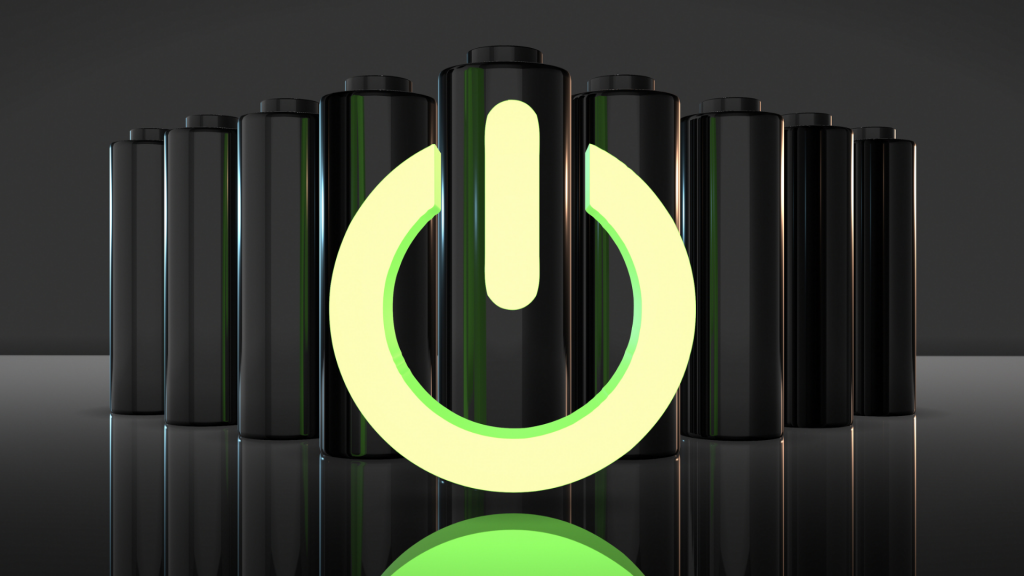 Power symbol in front of a line of batteries