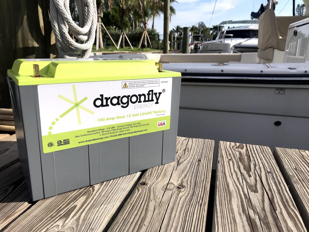 dragonfly energy lithium battery with catamaran sailboat in background