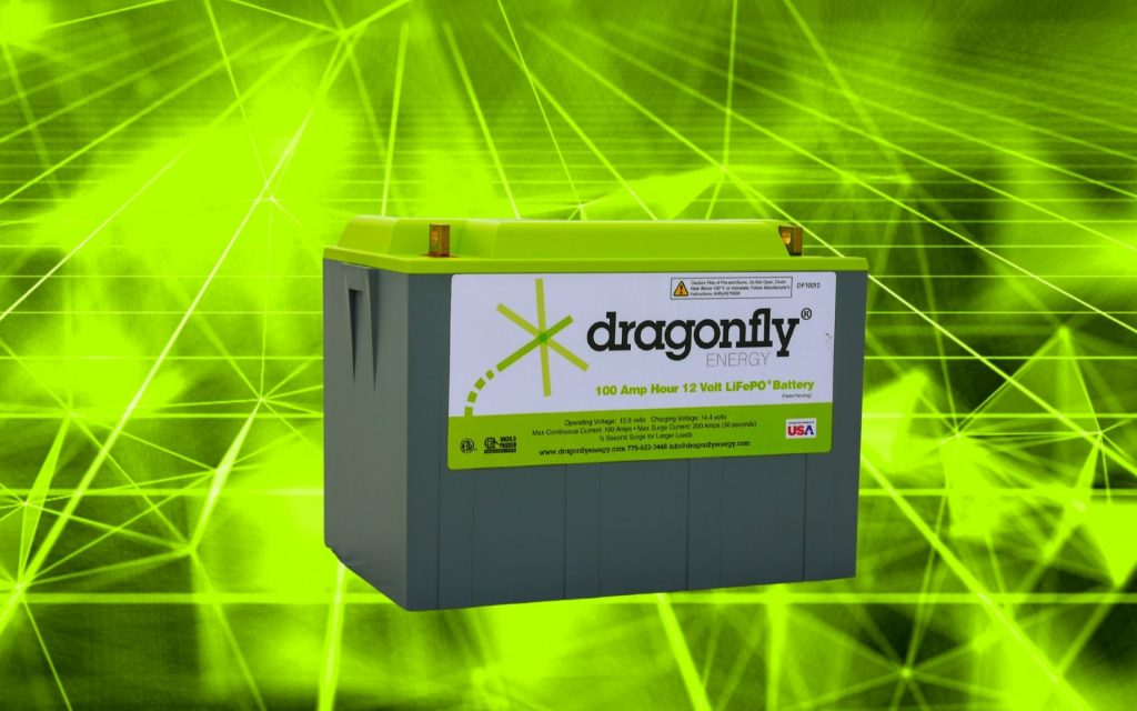 Dragonfly Energy lithium-ion battery with green background